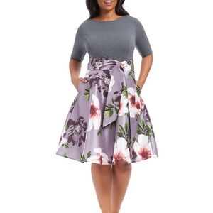 eShakti Gray and Purple Floral Midi Dress size 4